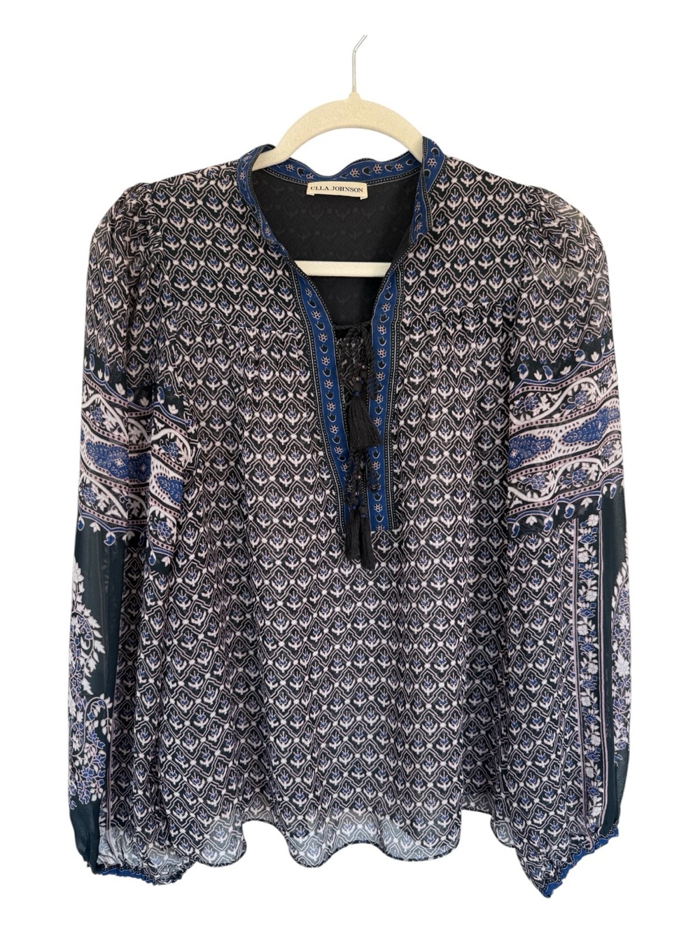 Ulla Johnson silk Navy and White Printed Peasant Blouse